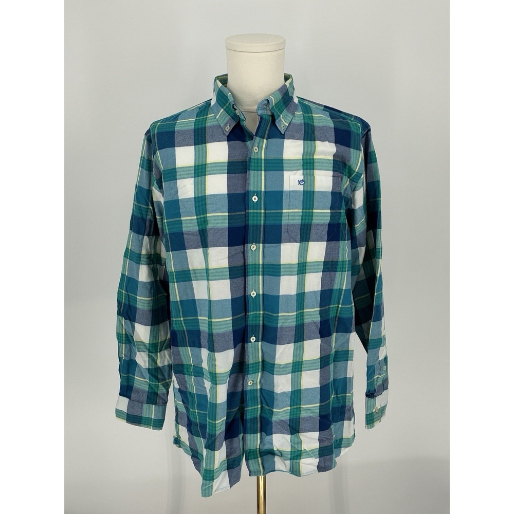 Southern Tide Flannel Shirt Large Classic Long Sleeve Button Plaid Blue Green